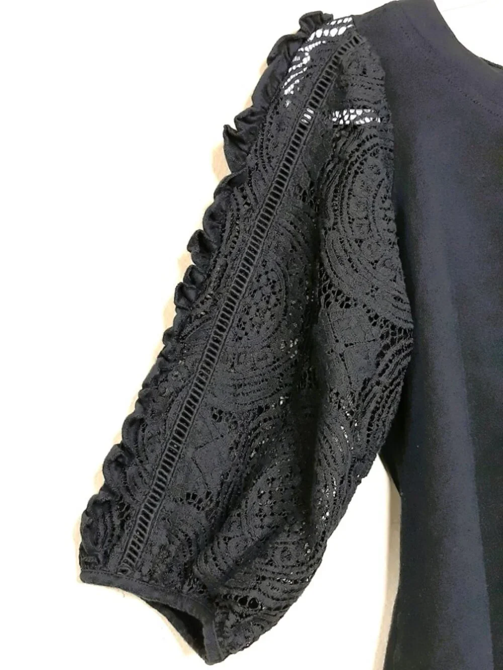 Anthropologie Boho Top Lace Open Work 3/4 Puff Sleeves Black